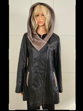 Genuine Leather Black Jacket Knitted Hood Zipper